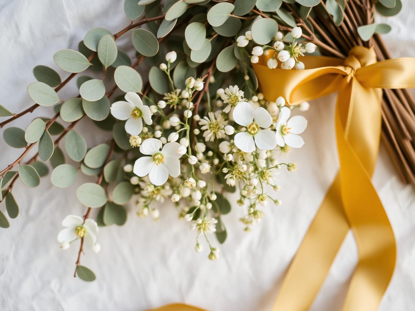 Eucalyptus and white wildflowers with golden ribbon