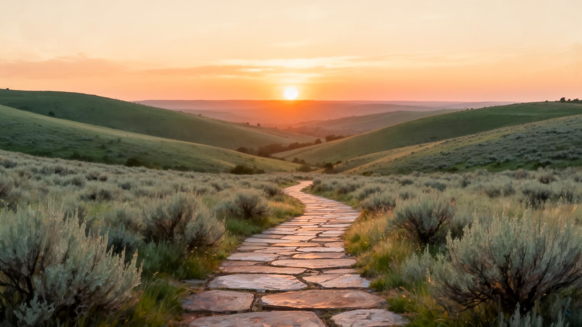 A stone path winding through sage hills toward a warm sunrise
